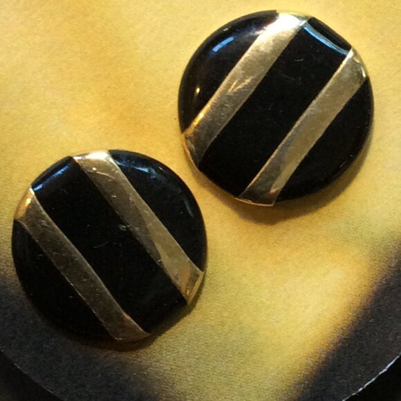 90s Black Gold Stripe Circle Earrings Retro Bold Elegance #VintageChic #90sGlam - Picture 3 of 4